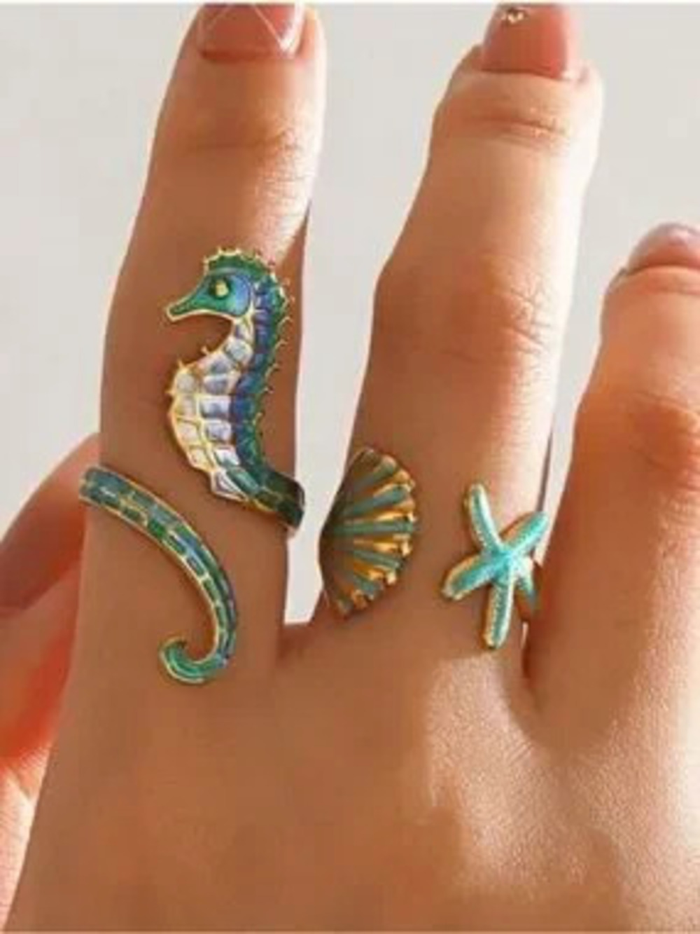 Turquoise and Gold Seahorse & Shell Stackable Ring Set - Picture 3 of 3